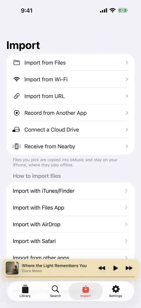 The bMusic import screen, offering Wi-Fi transfer, files and a direct link
