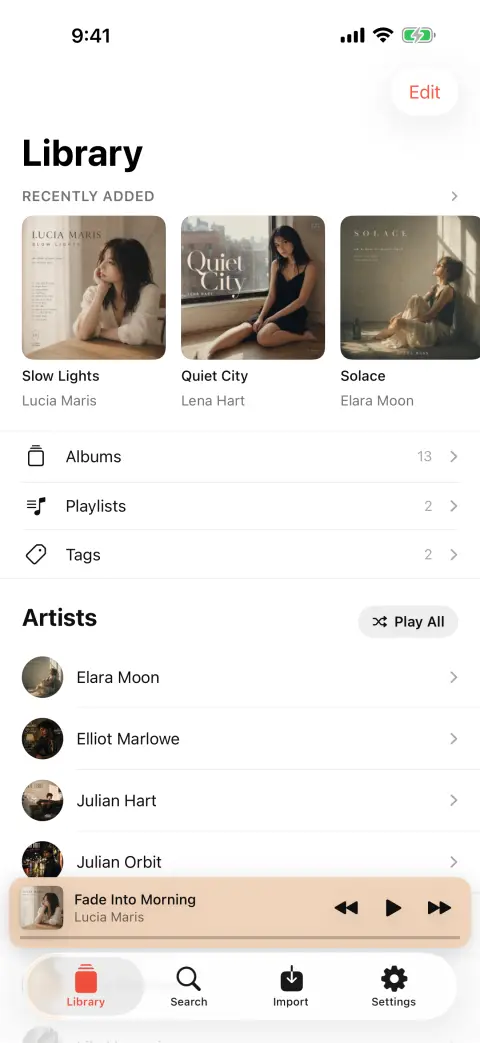 The bMusic library screen, with albums, artists, playlists and recently added music