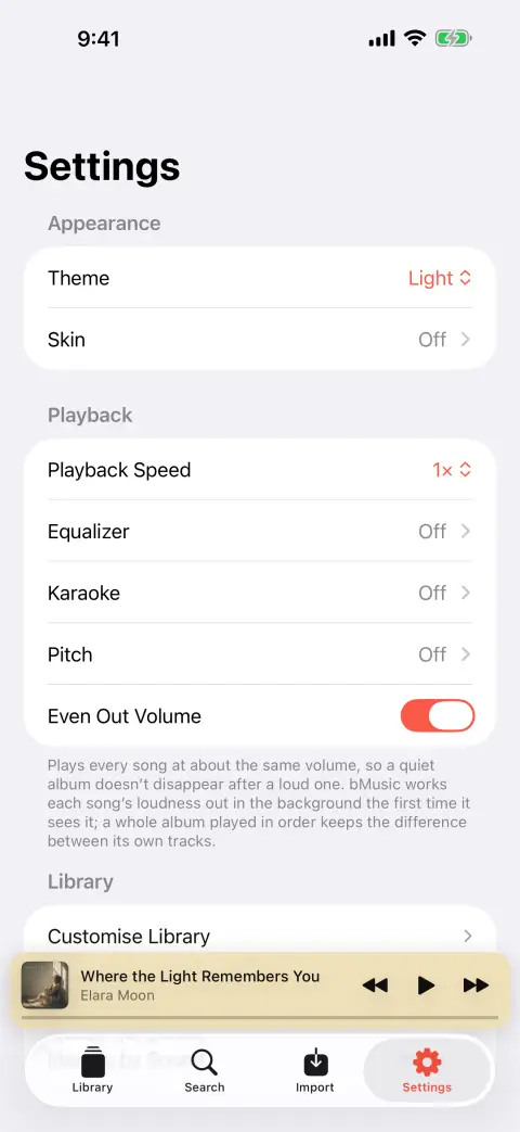 The bMusic settings screen, with playback, library and sync options